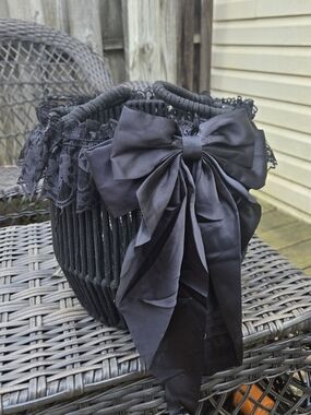 Black Gothic Lace Bow Decorative Basket Victorian Coquette 10”